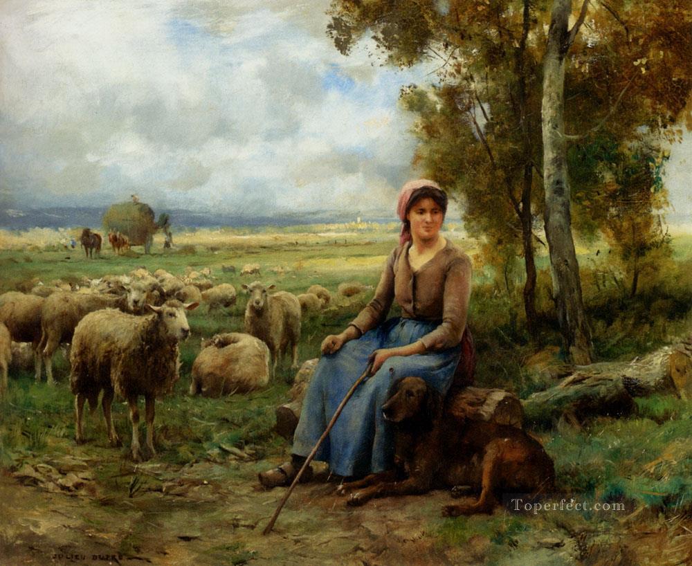 群れの農場生活を見守る羊飼い リアリズム ジュリアン・デュプレ油絵